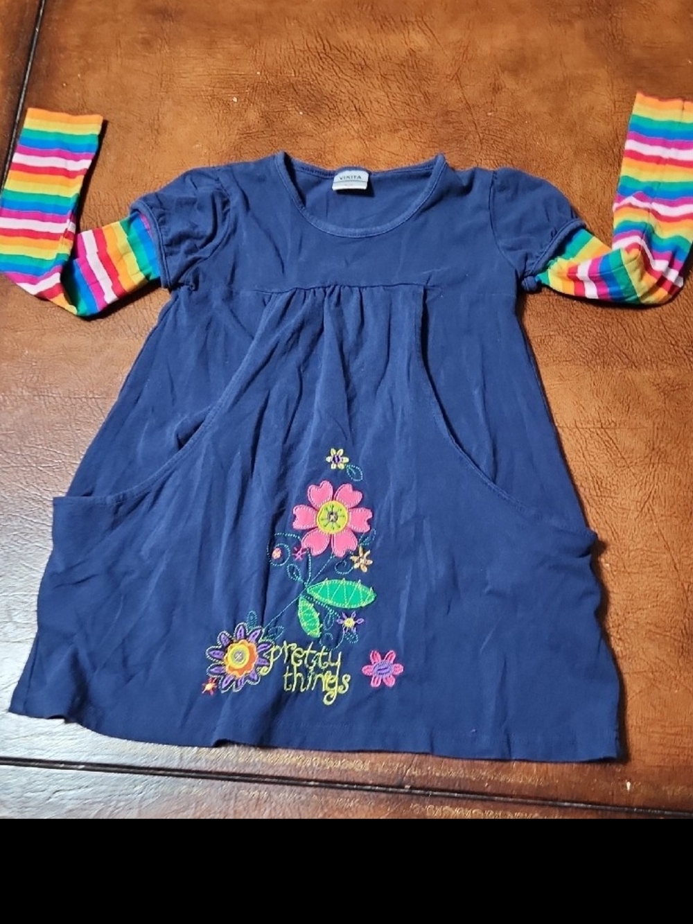Navy Floral Tunic Dress with Rainbow-Stripe Sleeves for Girls